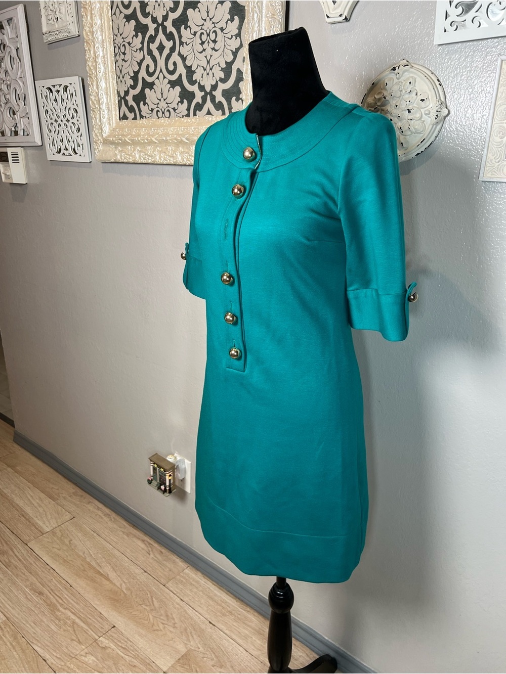 Teal Short Sleeve Button Front Shift Dress - Picture 8 of 12